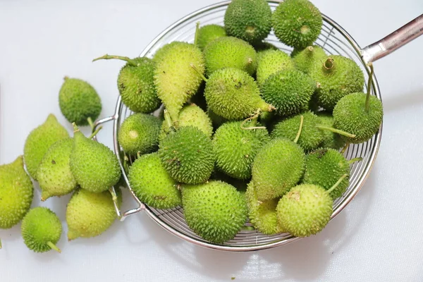 Taze yeşil dikenli su kabağı ya da beyaz arka planda çay kabağı sebzesi