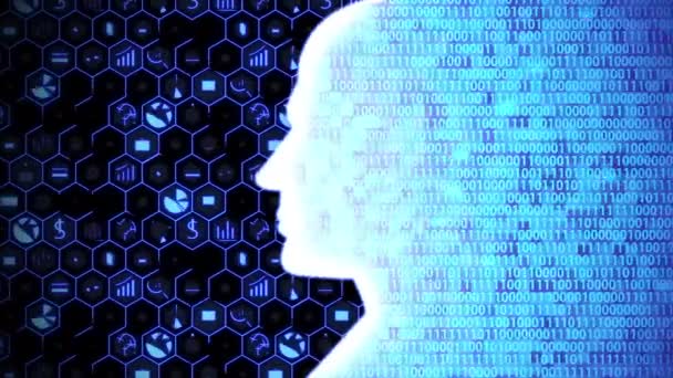 Glowing Head Silhouette Computing Thinking Business Technology Icon Set Binary — 비디오