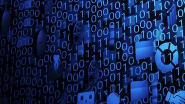 3D İş ve Teknoloji Simgeleri Mavi Işıklı Rastgele İkili Kod Arkaplanında Dönüyor ve Süzülüyor (Kamera taraması)