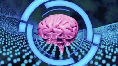Mavi Soyut HUD ve Parçacık Alanı Arkaplan üzerinde açık pembe renkle dönen parçacıklardan oluşan 3D gerçekçi beyin
