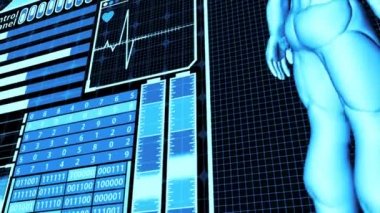 3D Rending Human Body and DNA double helix Analiz Soyut Tıbbi Gelecekçi HUD Ekran Arayüzü (kamera görüntüleme))