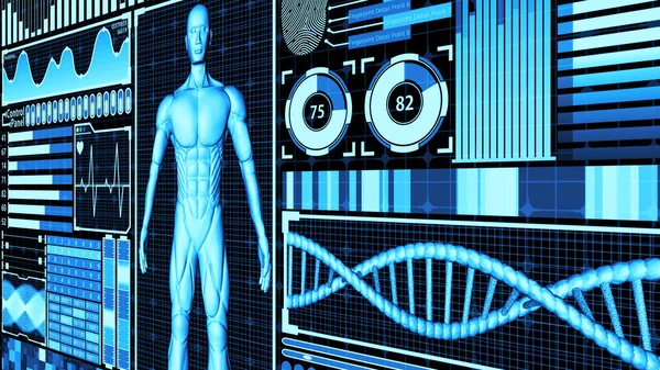 8K 3D Rendering Human Body and DNA double helix Analysis Abstract Medical Futuristic HUD Ekran Arayüzü ver.3