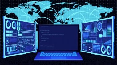 Ekranda Kodlama olan 3D Hazırlama Dizüstü bilgisayarı ve Dünya Haritası Bağlantı Arkaplanı 'ndaki Geleceğsel HUD dünya konseptini birbirine bağlar