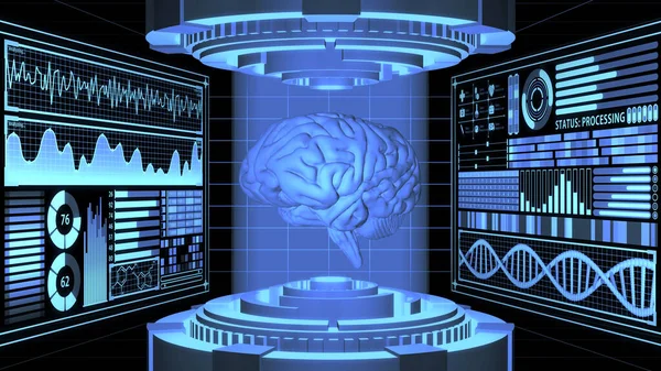 8K 3D Yapılandırılmış anatomik Gerçekçi Beyin Geleceğin Laboratuvarı ve Dijital HUD ekranları 3 boyutlu arkaplanda hizalandı