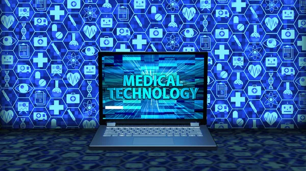 8K 3D Rendered Laptop/Notebook on the floor with Medical Technology on the screen and icon set Background in blue color