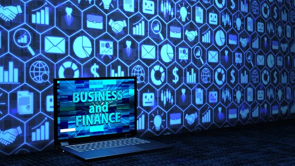 8K 3D Rendered Laptop/Notebook on the floor with Business and Finance on the screen and icon set Background and Random Binary Code on the floor in blue color