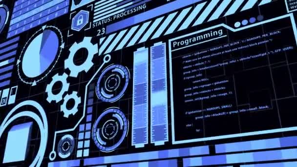 HUD d'IA détaillée futuriste comprenant le cerveau numérique, l'informatique en nuage, la base de données, le codage et de nombreux éléments numériques en couleur bleue avec fond abstrait (panoramique de la caméra)