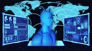 3 Boyutlu İnsanımsı Yapay Zeka Robotu ve Dünya Haritası Bağlantı Arkaplanı üzerinde Geleceğsel Yapay Zeka Dünya Konseptini bağlar