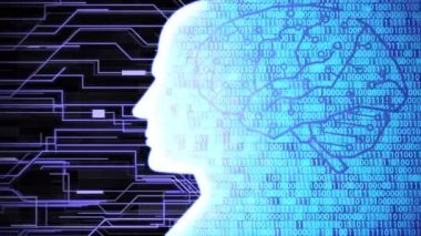 Dijital Beyin Hesaplama ve Öğrenme Devre Panosu ve İkili Kod Arkaplanlı Gelecekçi Yapay Zeka / İnsan Baş Silueti