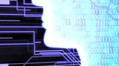 Dijital Beyin Hesaplama ve Öğrenme Devresi Tahtası ve İkili Kod Arkaplan (kamera taraması) ile gelecekteki AI / İnsan Baş Silueti)