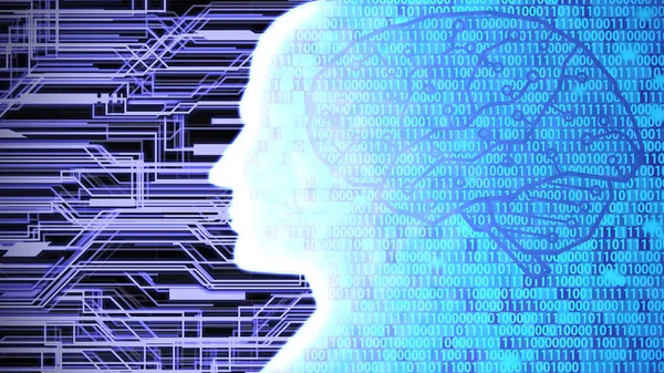 Futuristic Human Head Silhouette Digital Brain Computing Learning Circuit Board — стокове фото