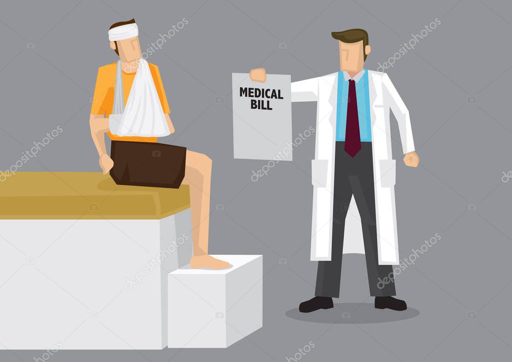 Cartoon character in white robe as health care provider handing bandaged man a huge medical bill. Vector illustration on medical cost concept isolated on grey background.
