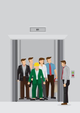 İşadamı Asansör insanların içinde tam yanında duruyor. Günlük en yüksek saat sabah kalabalığa office Asansör vektör karikatür çizim lobi izole üzerinde gri arka plan.