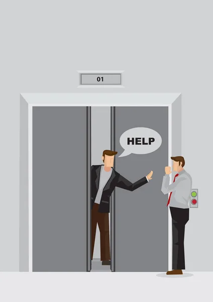 卡通人物在卡住的电梯门背后的矢量插图困在里面 并呼吁帮助 — 图库矢量图片