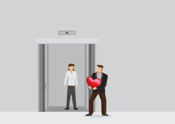 浪漫的男人惊喜的女朋友与心脏形状的礼物在电梯大堂 纯背景下的爱情与关系概念的矢量例证 — 图库矢量图片