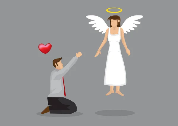 Karikatura Člověka Kolenou Prosit Lásku Jeho Bohyně Křídla Svatozář Creative — Stockový vektor