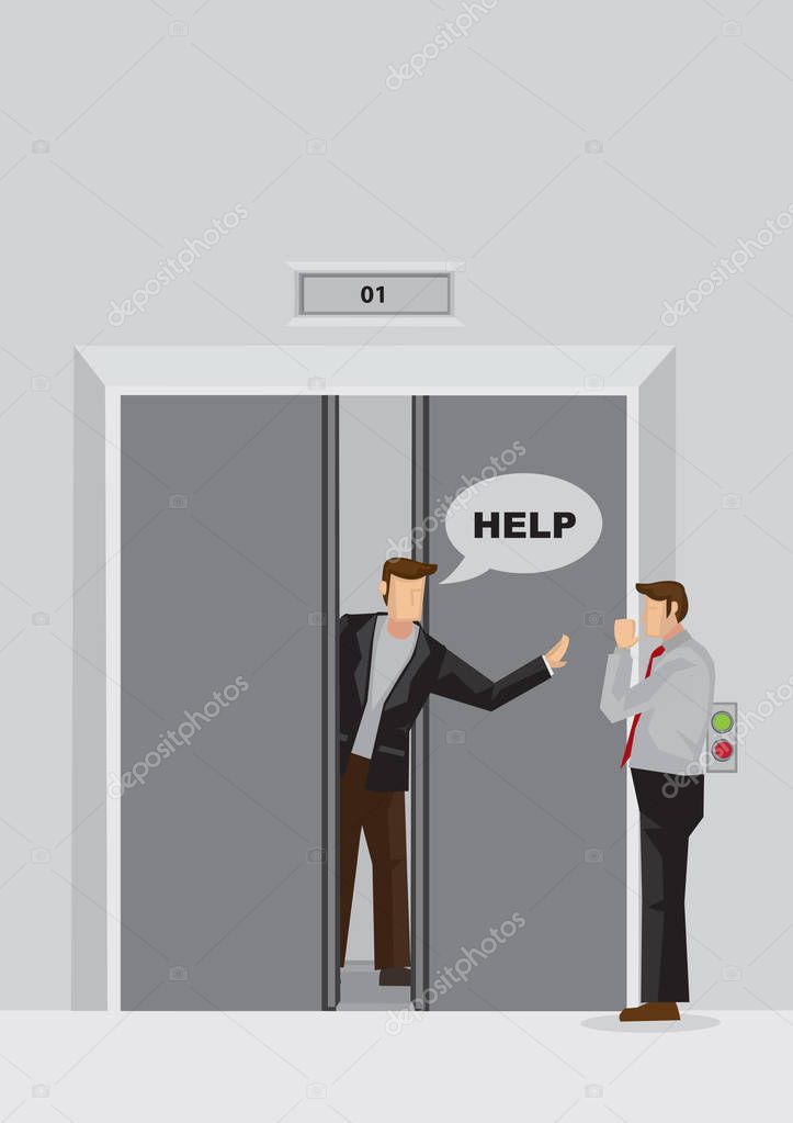 Vector illustration of cartoon man behind jammed elevator door trapped inside fit and calling out for help. 
