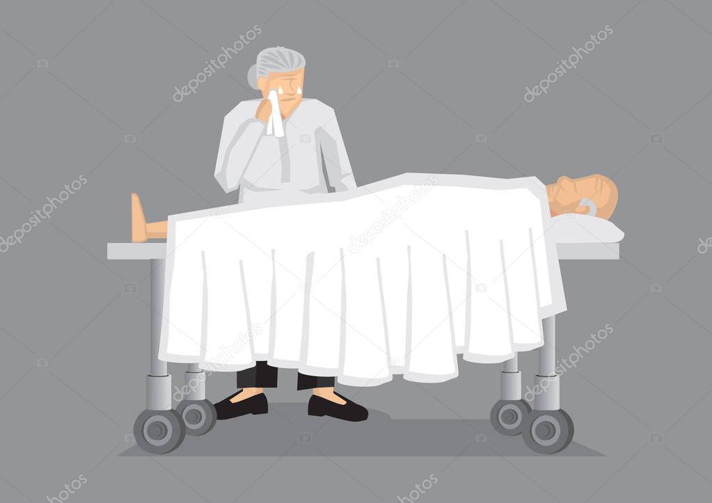 Old man lying on hospital bed and an old woman crying by his side. Vector illustration on death and mourning concept isolated on grey background.