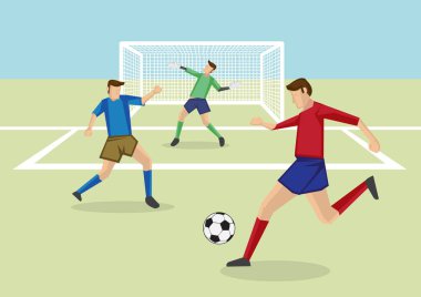 Vector cartoon illustration of striker kicking soccer ball in penalty area with defender and goalkeeper in front of goal posts. clipart