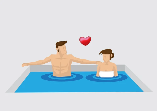 卡通男人和女人浸泡在私人水疗池和享受轻松的沐浴在一起 基于纯背景的情侣 Spa 撤退概念的矢量图解 — 图库矢量图片