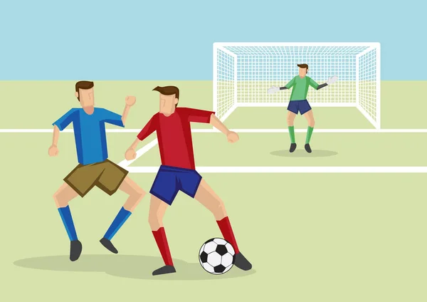 Piłkarzy Drybling Piłki Nożnej Obrońcą Oznakowanie Ściśle Strzeże Ilustracja Kreskówka — Wektor stockowy