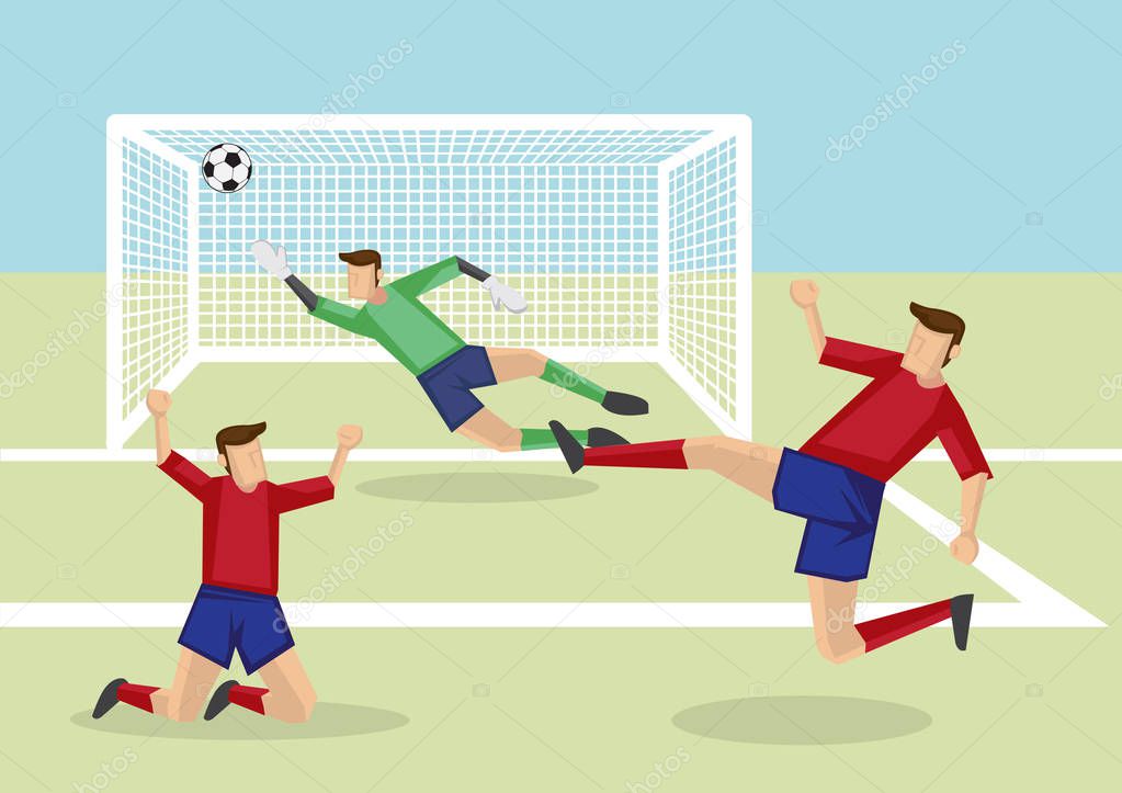 Exciting scene of attacker kicking soccer ball into the net to score victory and goalkeeper fail to save the goal. Vector cartoon illustration of association football sport in action.