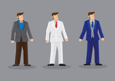 Üç vektör çizimler meçhul karikatür adamın gri arka plan üzerinde izole şık takım elbise giymiş kümesi.