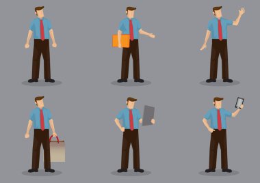 Boyun kısa kollu gömlek ile farklı pozlar gri arka plan üzerinde izole giyiyor çizgi film ofis personeli altı vektör çizim seti.