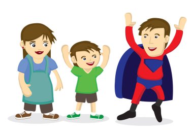 İnpressive için bir süper kahraman olarak oğlu pansuman yukarıya adam. Baba ve oğul arasında bağ Aile kavramı. Vektör karikatür çizim.