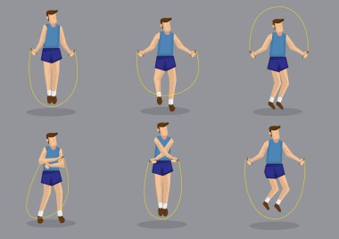 İpi tutan ve çeşitli tarzda atlama çizgi film adam. Altı vektör karakter illüstrasyon izole gri arka plan üzerinde sağlık ve fitness kavramı için kümesi.