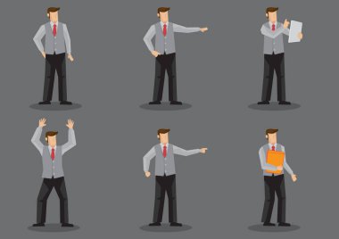 Altı vektör çizim karikatür adamın farklı pozlar gri arka plan üzerinde izole içinde kravat ve ceket olmadan kolsuz yelek giydiğini kümesi.