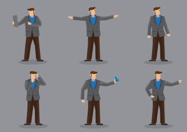 Altı vektör çizimler karikatür adamın gri renk takımlı ve gri arka plan üzerinde izole kahverengi pantolon kümesi.