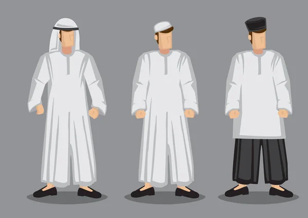 Vektorillustration Tre Muslimska Män Olika Traditionella Dräkter Och Huvudbonader Isolerad — Stock vektor