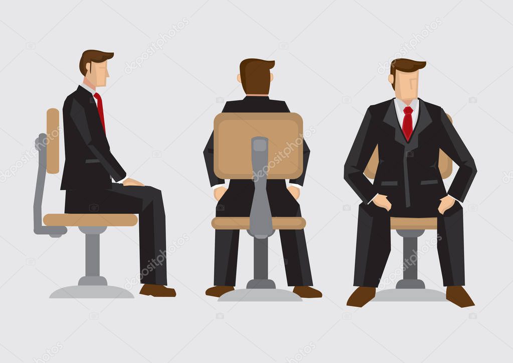 Vector illustration front, back and side view of business professional wearing formal three-piece suit sitting on office swivel chair isolated on plain background.