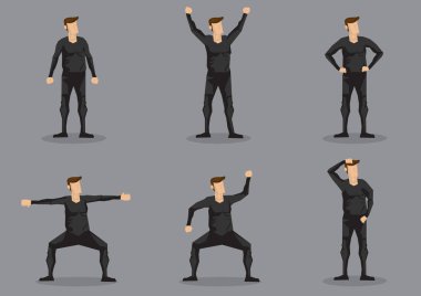 Set of six vector illustrations of cartoon man wearing black skin-tight garment in various poses isolated on grey background. clipart