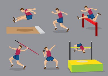 Farklı atletizm spor, uzun atlama, koşma, yapıyor vektör çizim atlet Engelli, cirit atma, gülle atma ve yüksek atlama, gri arka plan üzerinde izole.