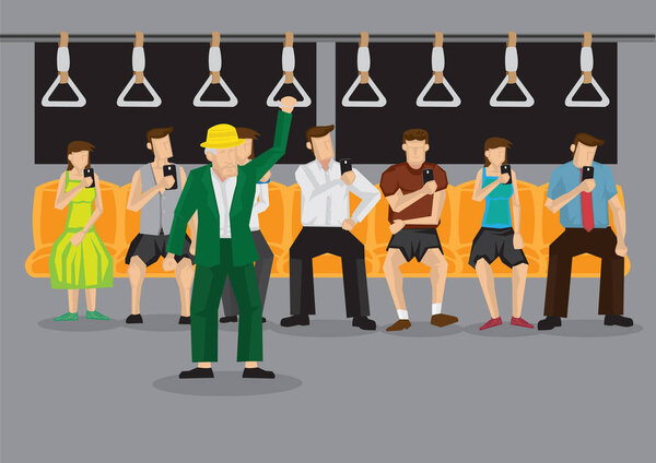 Старик, стоящий внутри поезда метро и все сидящие пассажиры на заднем плане, глядя на мобильные телефоны. Векторная карикатура на технологическую одержимость концепцией современных людей
.