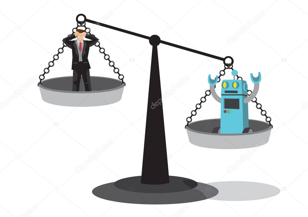 Human and robot on the weighting scale. Depicts automation, future job market and artificial intelligence bringing danger to the human workforce. Concept of Human vs Robot. Isolated vector cartoon illustration.