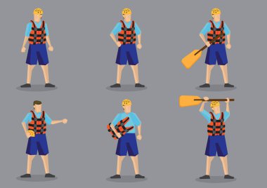 Set of vector illustration of cartoon character wearing life jacket and water helmet for water sports isolated on grey background clipart