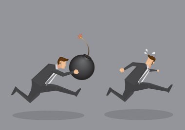 Agresif bir işadamı uzak başlamış oldu dev bir bomba ile çalışan korkmuş bir işadamı vektör çizim 