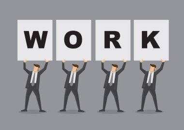 Dört beyaz yakalı Yöneticiler iş iş büyü taşıyan büyük posterlerini açmaları uygun. Çizgi film vektör çizim üzerinde gri arka plan izole iş ilgili kavram için.