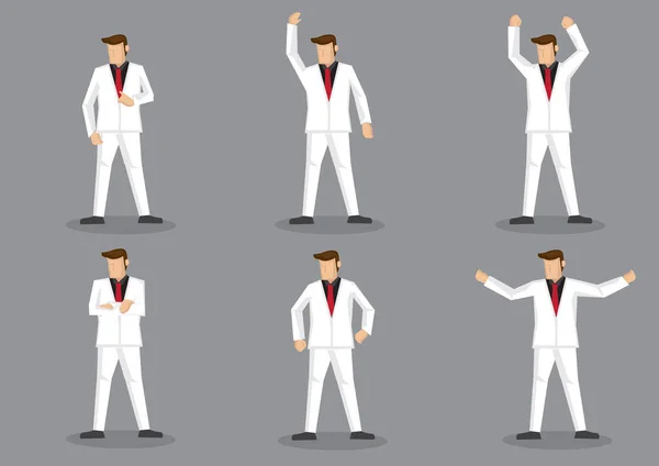 一套六矢量卡通插图在时尚白色西装和红色领带摆在不同的姿态 在灰色背景下的华丽男子 — 图库矢量图片