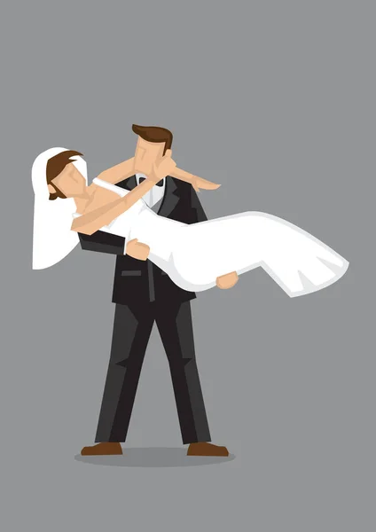 Vector Illustration Cartoon Bridegroom Carries His Newly Wed Bride Bridal — Stock Vector