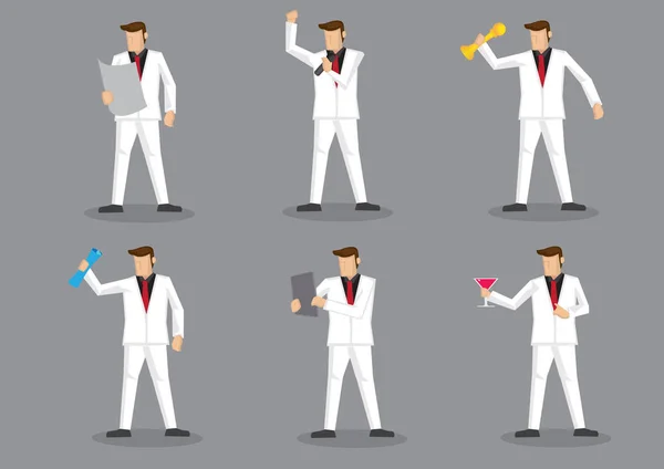 Cartoon Man Wearing Full White Suit Red Necktie Party Holding — Stock Vector