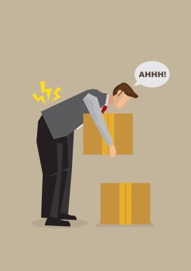 Cartoon man injured lower back by bending over to lift heavy box from the floor. Vector illustration on work-related back injury due to back posture concept.   clipart