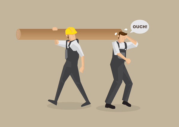 Cartoon man without work helmet gets hit on the head by worker carrying log on shoulder. Vector illustration on workplace accident concept isolated on plain brown background.