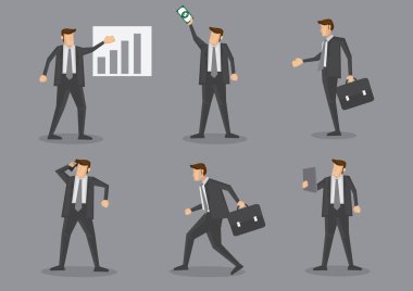 İş yürütme grafiği, para, evrak çantası, cep telefonu ve dijital tablet ile. Düz gri arka plan üzerinde izole altı vektör karakter kümesi