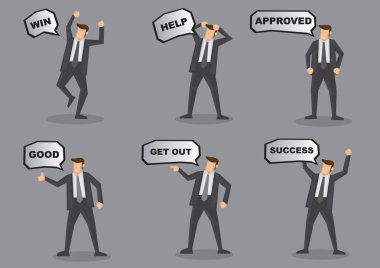 Altı iş yöneticilerinin konuşma balonu iletilerinde ile ayarlayın. Vektör çizgi film karakteri illüstrasyon izole gri arka plan üzerinde.