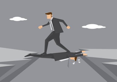 Acımasız iş yürütme meslektaşım ona diğer tarafa almak için tehlikeli pozisyon ve adımları koyar. İşyeri ve ofis siyaset için kavramsal vektör çizim.