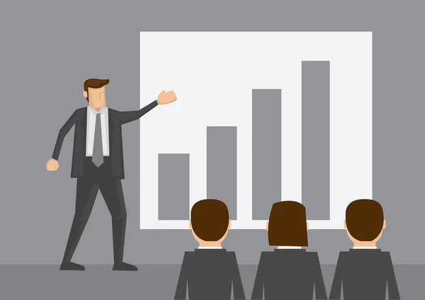 Businessman standing in front of bar chart do presentation to other business people. Cartoon vector illustration isolated on grey background